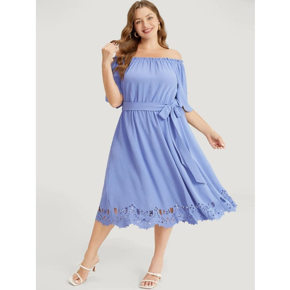 NWT BloomChic Blue Laser Cut Pocket Belted Frill Trim Off Shoulder Dress 12/L